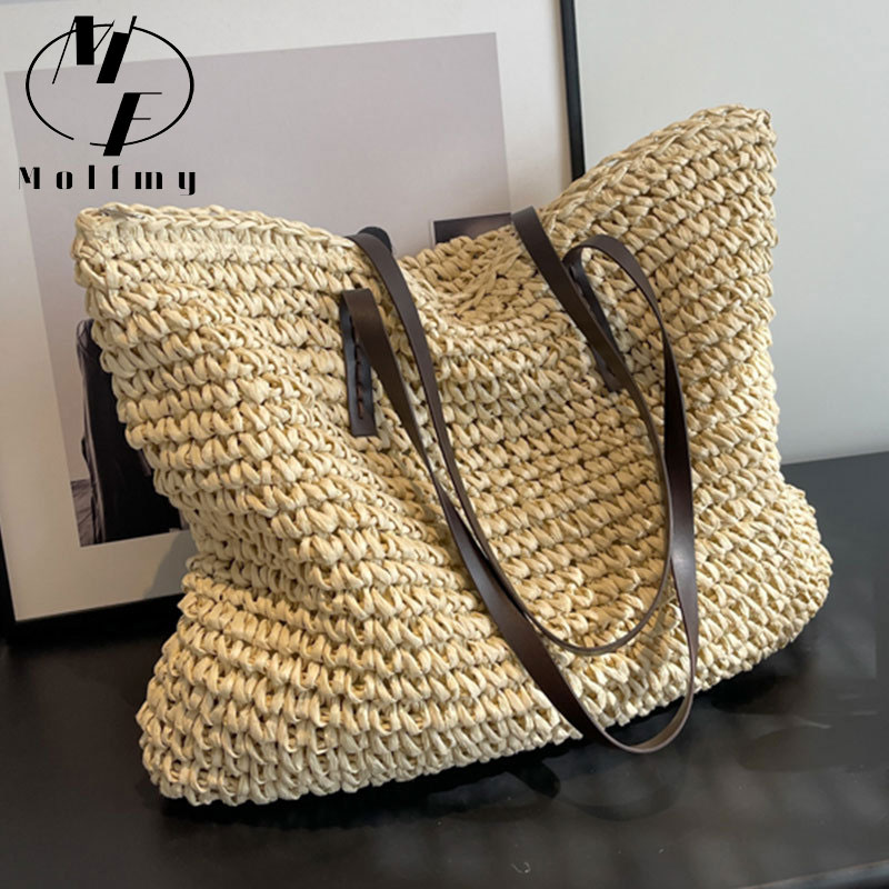 Luxury Bags Tote - 짚으로 엮은 토트백, 캐주얼한 스타일, 넉넉한